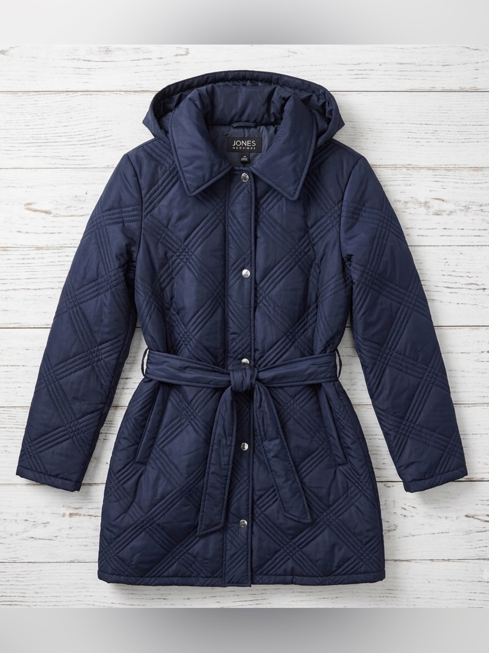 NWT Jones New York Womens Diamond Quilted Belted Hooded Jacket Coat Black Small